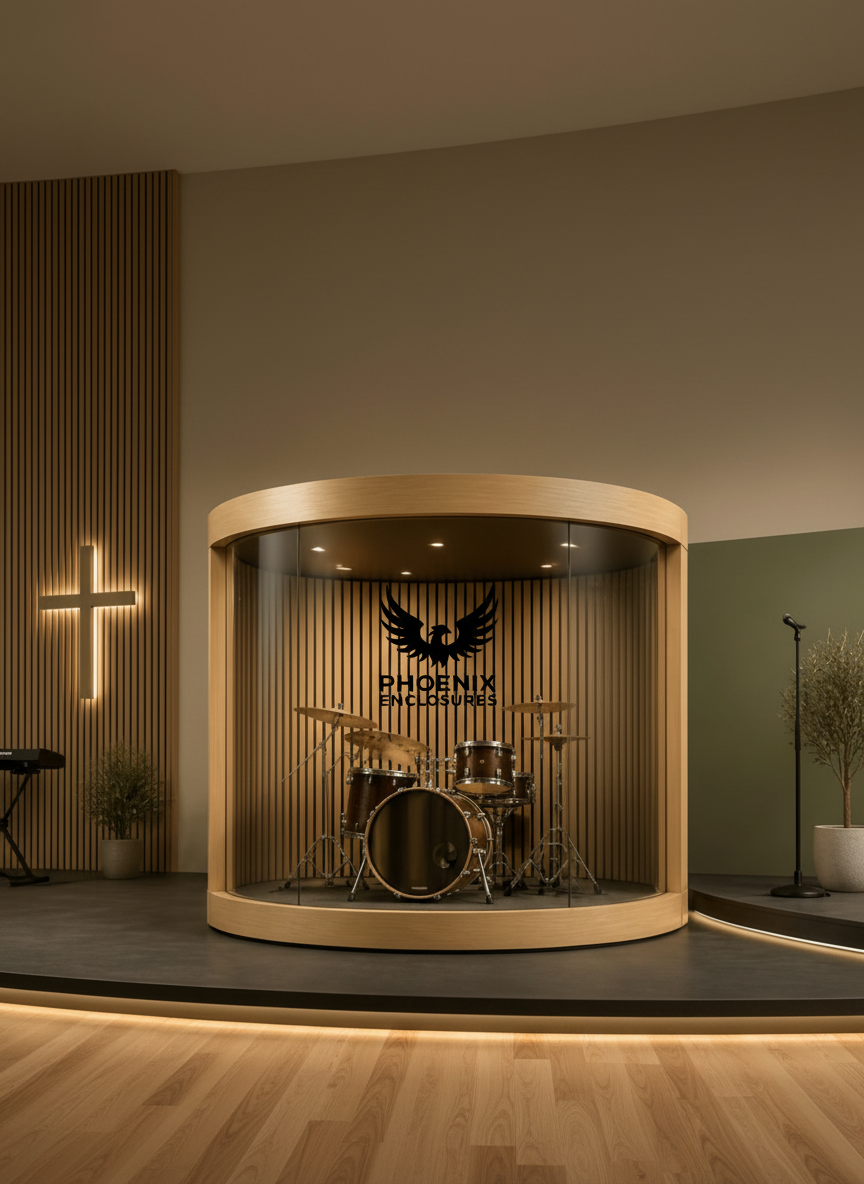 Phoenix Warm Oak Slat enclosure on a contemporary worship stage